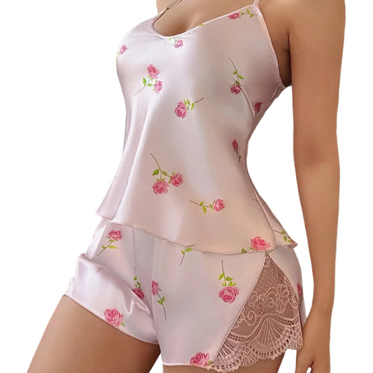 Elegant Floral Lace Cami Shorts Loungewear Set