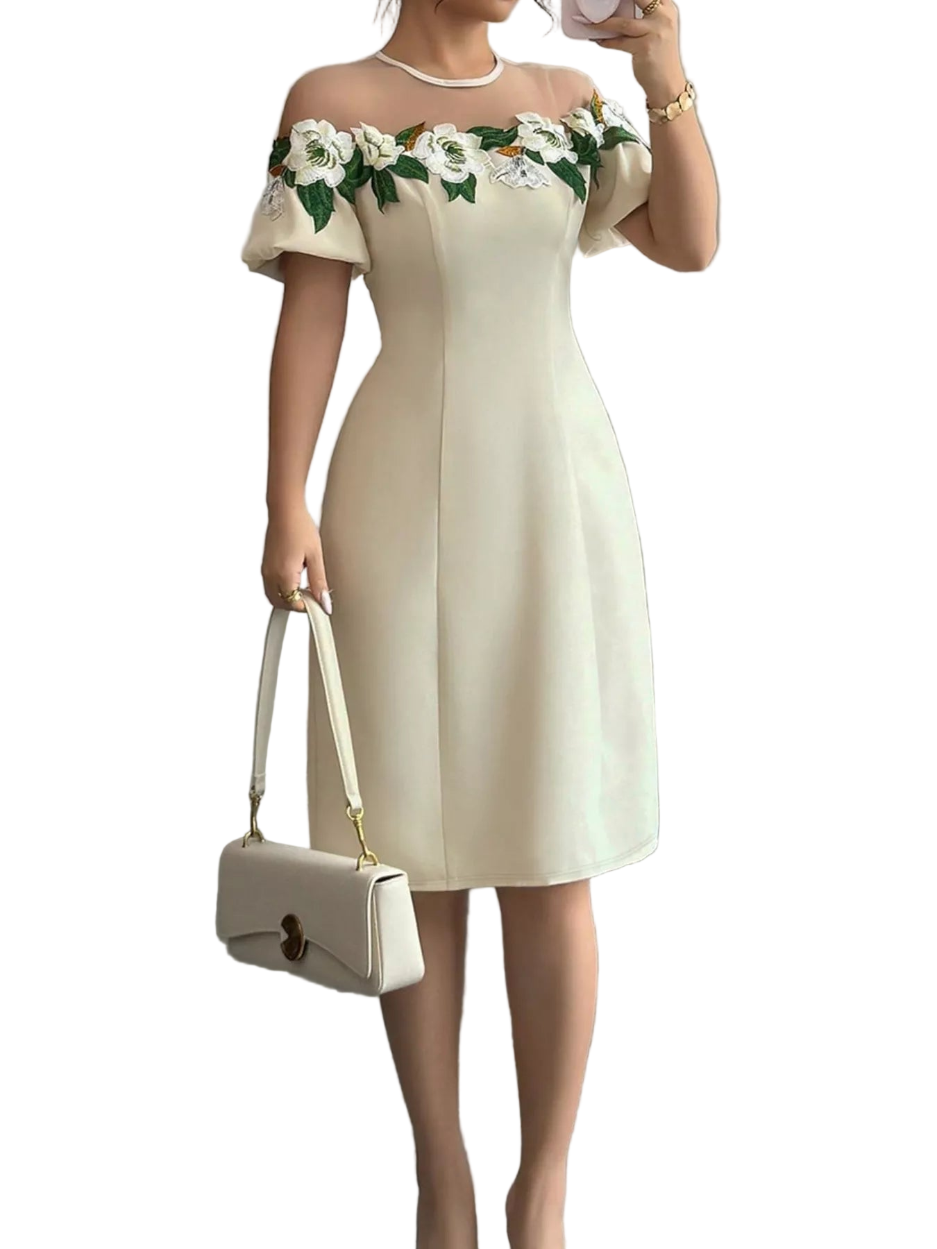 Floral Embroidered Puff Sleeve Dress with Mesh Shoulder – Elegant Party & Evening Dress for Women