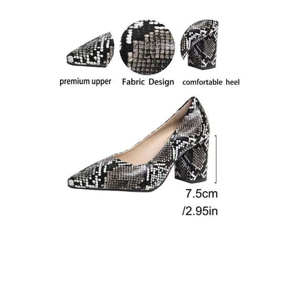 Women’s Snake Print Pointed Toe Block Heel Pumps