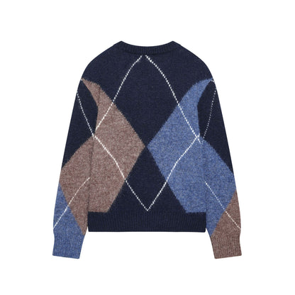 Classic Argyle Diamond Pattern Crew Neck Sweater