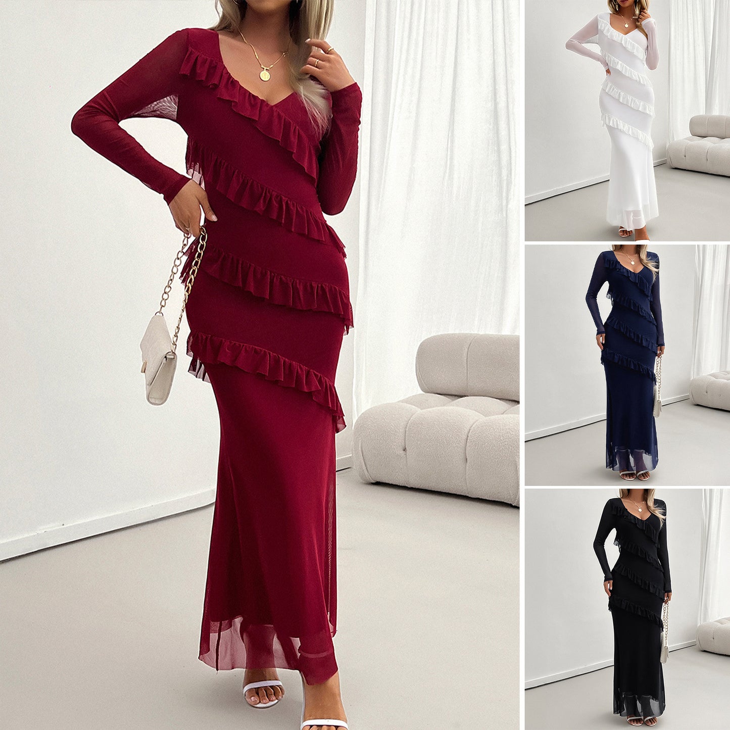 Women's Elegant Slim Fit Mesh V-Neck Dress – Evening Party & Formal Wear