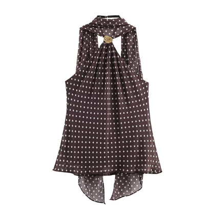 Slim fit polka dot material hanging neck collar top