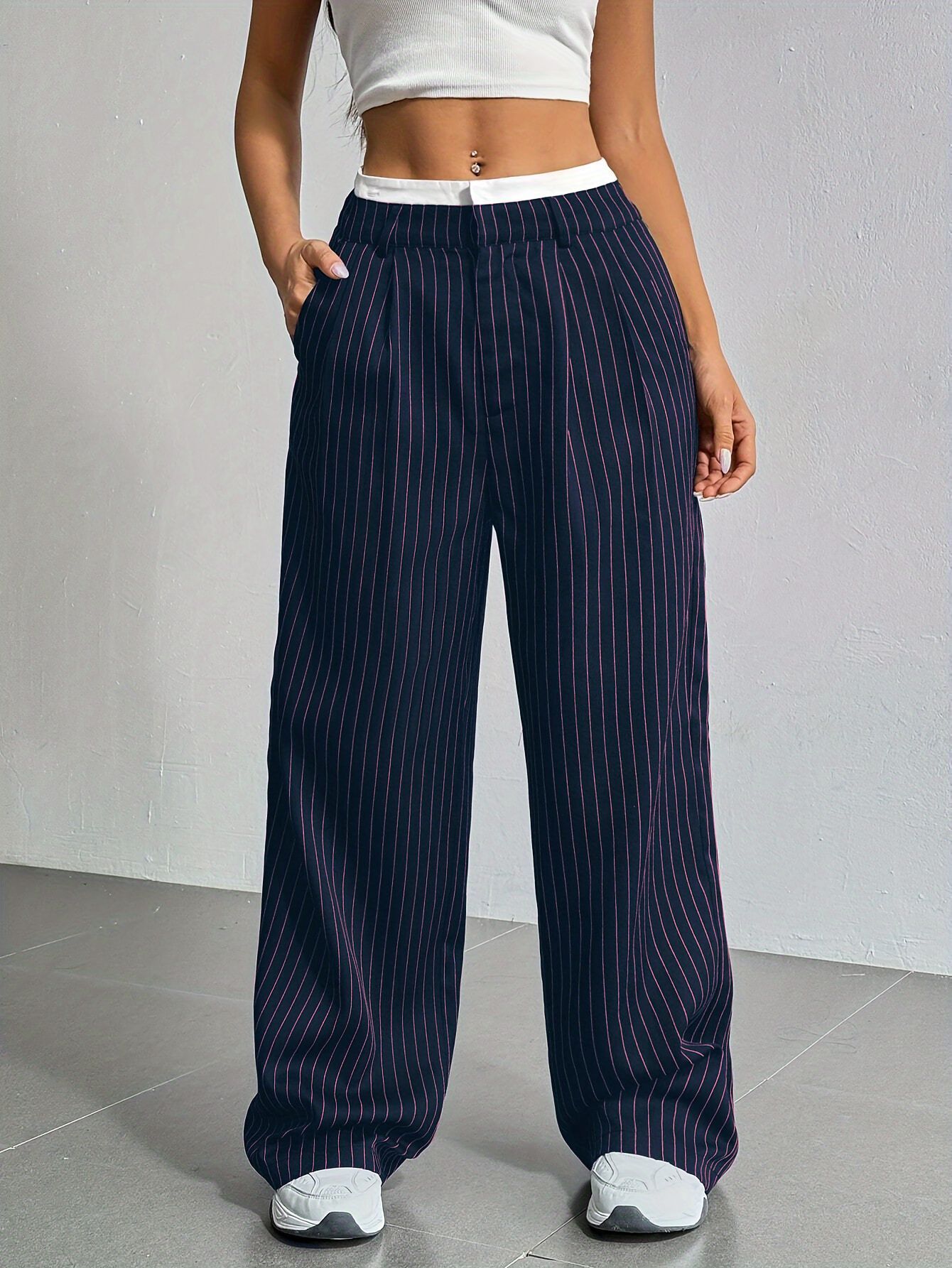 Women's High Waist Stripe Printed Straight-Leg Trousers – Casual Suit Pants with Zipper & Pockets