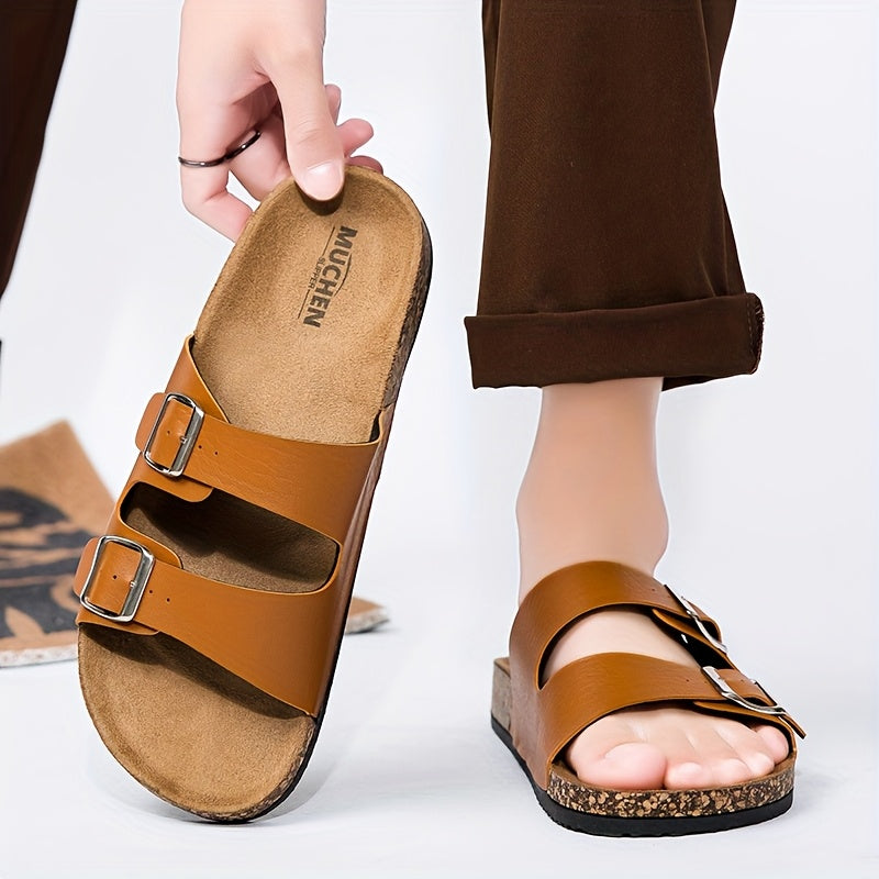 Casual Striped PU Cover Sandals with Adjustable Ankle Straps & Metallic Buckles