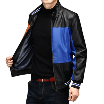 Men’s Color Block Suede Leather Jacket – Warm Plus-Lined Fashion Outerwear
