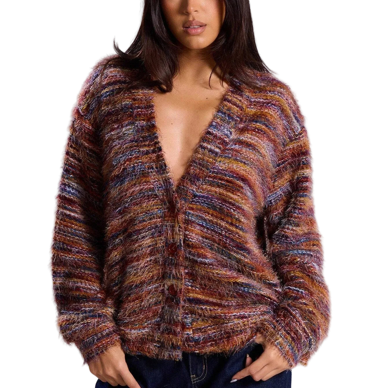 Striped V-Neck Knit Cardigan – Long Sleeve Cropped Sweater
