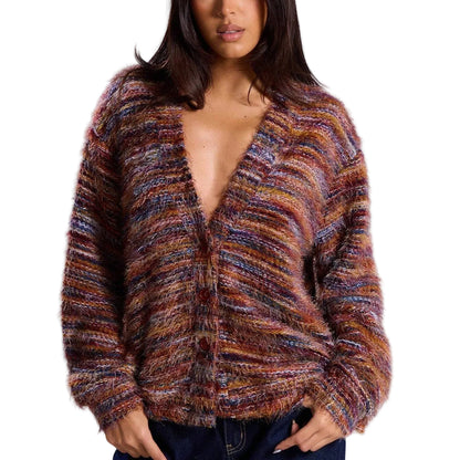 Striped V-Neck Knit Cardigan – Long Sleeve Cropped Sweater