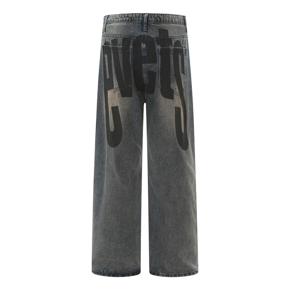 Men’s Casual Loose Fit Graphic Letter Denim Pants