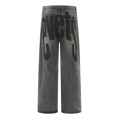 Men’s Casual Loose Fit Graphic Letter Denim Pants