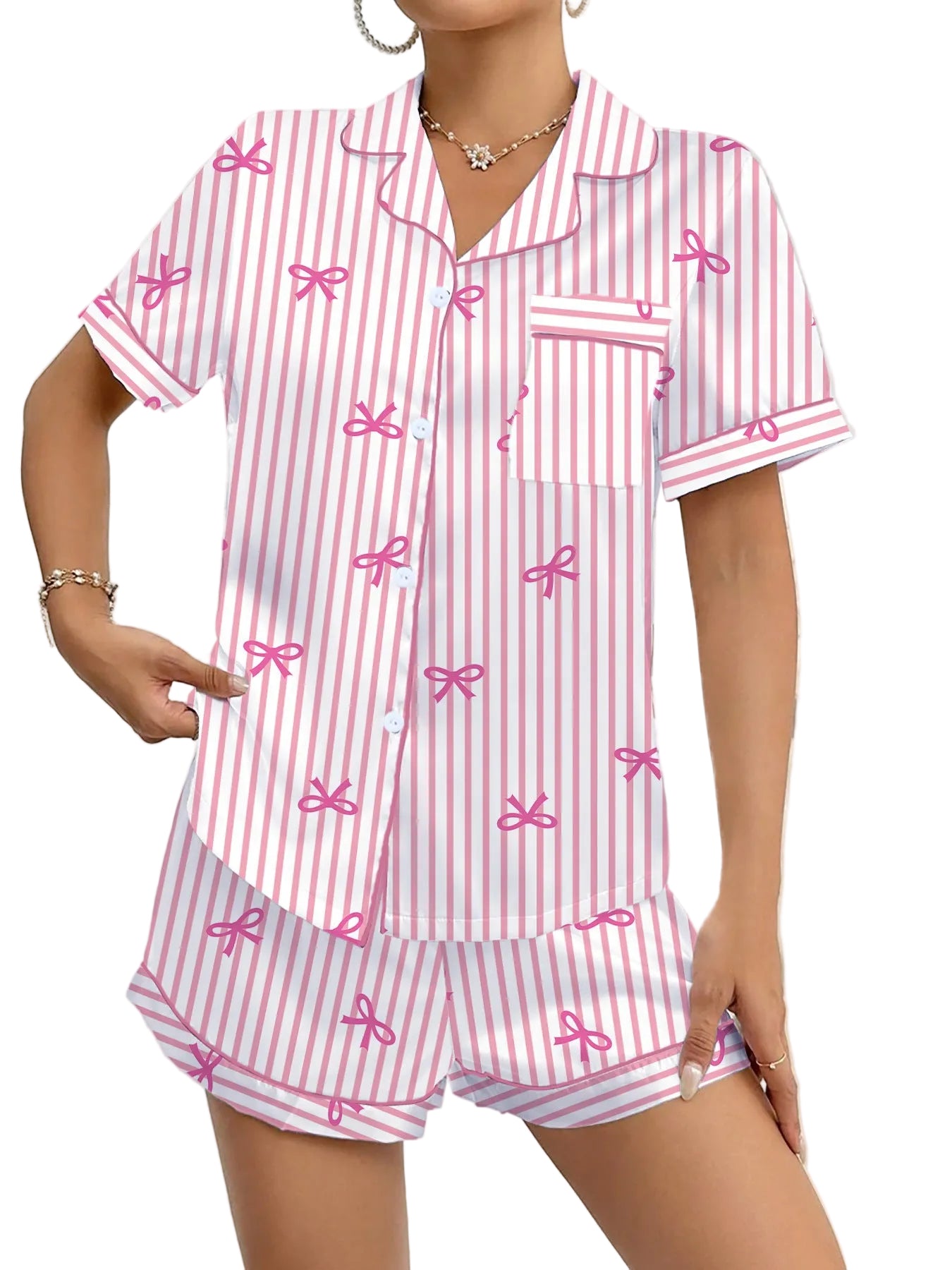 Striped Bow Milk Silk Short Pajama Set for Women – Valentine’s Edition