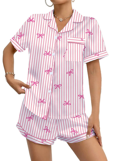 Striped Bow Milk Silk Short Pajama Set for Women – Valentine’s Edition