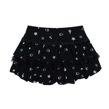 Cute Kitty Floral Lace Patchwork Mini Skirt
