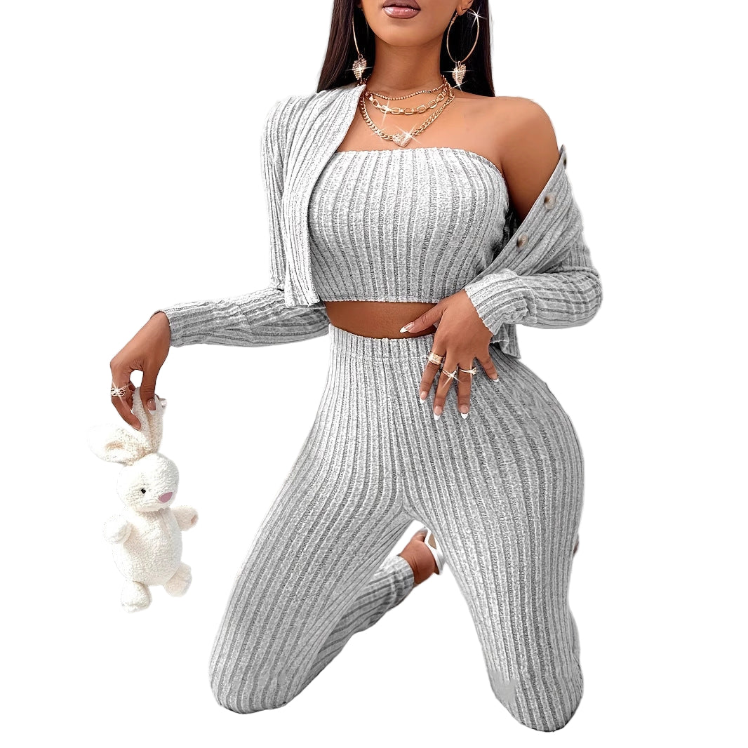 Women’s Fashion Three-Piece Set – Chic Cardigan, Camisole & Pants Outfit