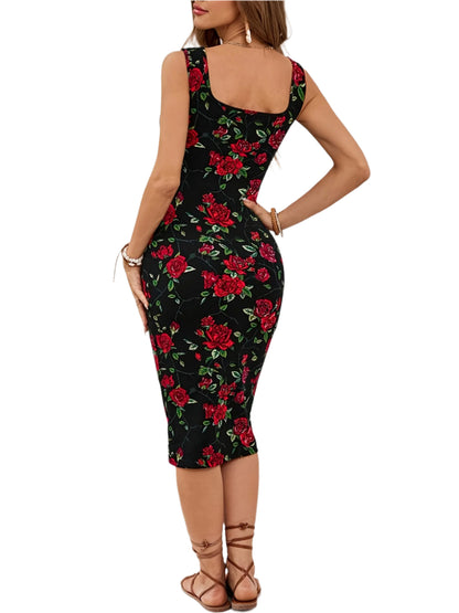 Print Women's Sleeveless Floral Knit Midi Dress