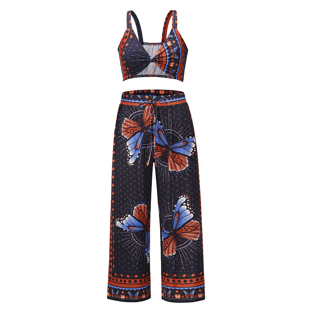 Beach Leisure Suit New Leisure Suspender Top  Printed Straight Leg Trousers Two-piece Suit