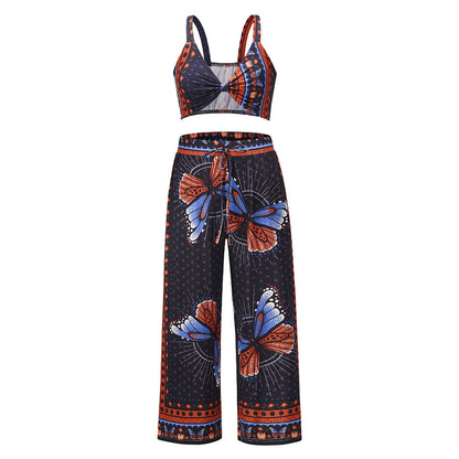 Beach Leisure Suit New Leisure Suspender Top  Printed Straight Leg Trousers Two-piece Suit