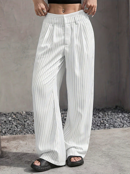 Women's High Waist Stripe Printed Straight-Leg Trousers – Casual Suit Pants with Zipper & Pockets
