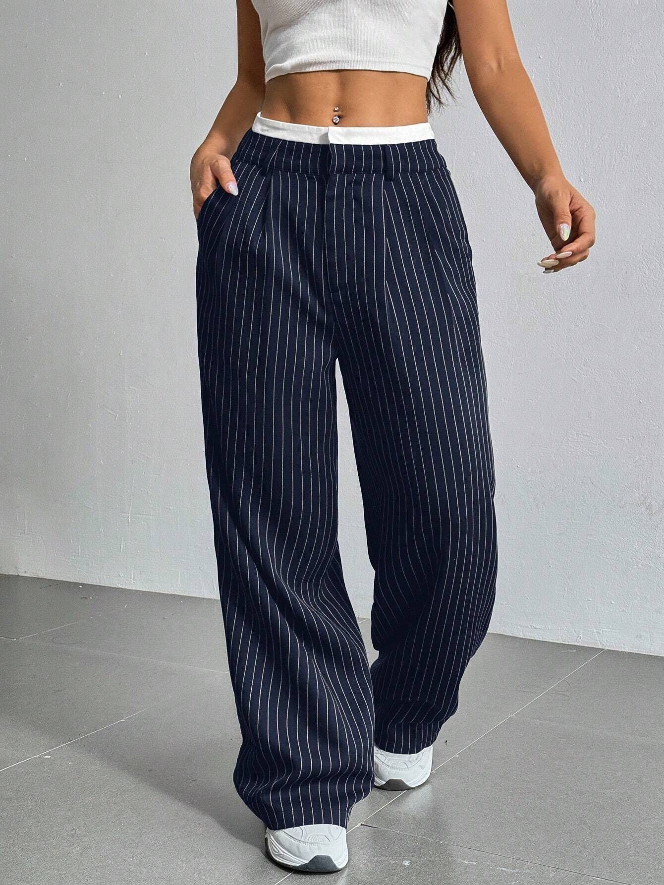 Women's High Waist Stripe Printed Straight-Leg Trousers – Casual Suit Pants with Zipper & Pockets
