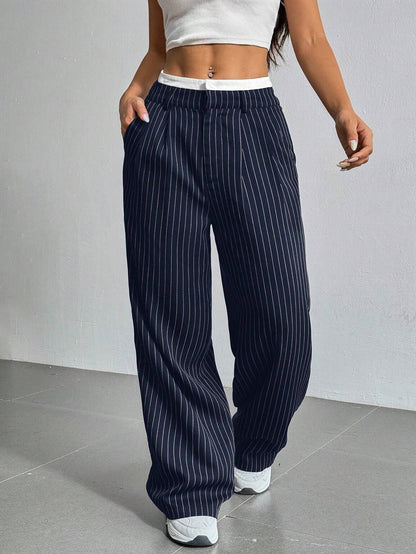 Women's High Waist Stripe Printed Straight-Leg Trousers – Casual Suit Pants with Zipper & Pockets