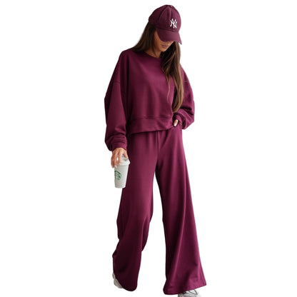 Women’s Autumn & Winter Two-Piece Set – Round Neck Long Sleeve Top with Wide Leg Pants