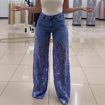 Women's Y2K High Waist Lace Hollow Out Wide Leg Jeans Floral Straight Leg Denim Trousers
