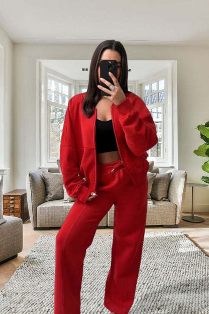 Women's Oversized Fleece Bomber Tracksuit  Zipper Jacket & Wide-Leg Pants Set