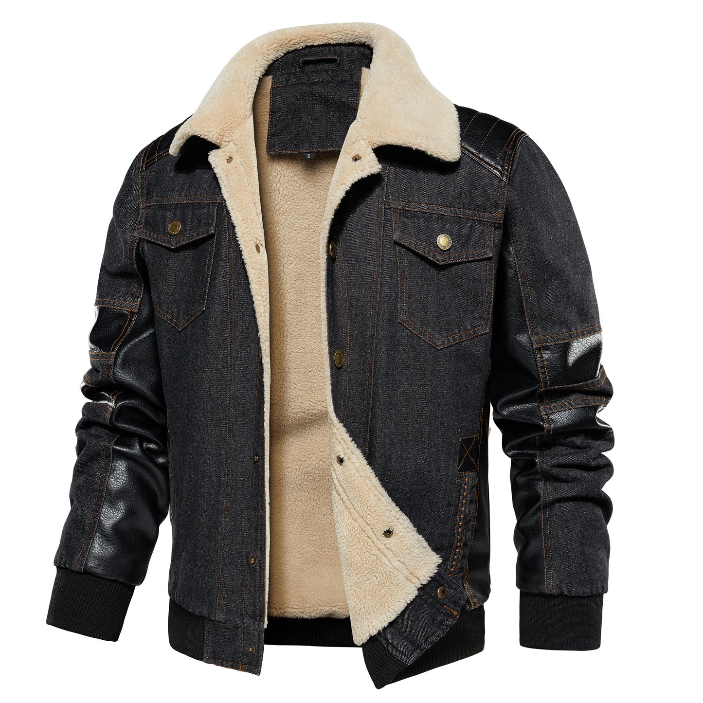 Men’s Thickened Denim Work Jacket – Patchwork Multi-Pocket Collared Coat for Autumn & Winter