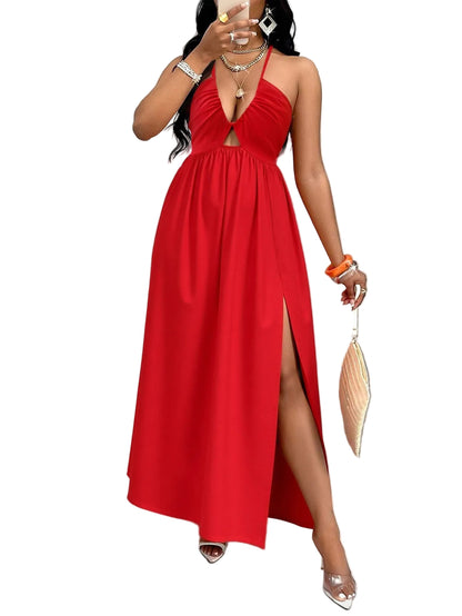 Sexy Halter Neck Drawstring V-Neck Dress for Women