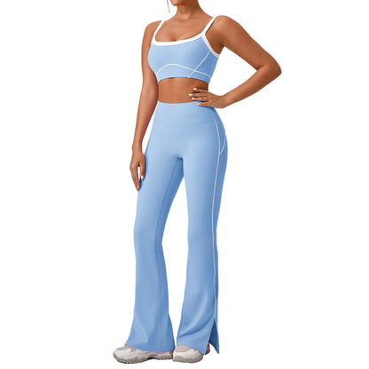 Women’s Contrast Color Yoga Set – Spaghetti Strap Sports Bra & High-Waist Fitness Outfit