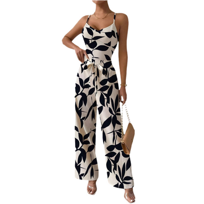 Fashion Floral Print Jumpsuit – Elegant Elastic Waist Belted One-Piece