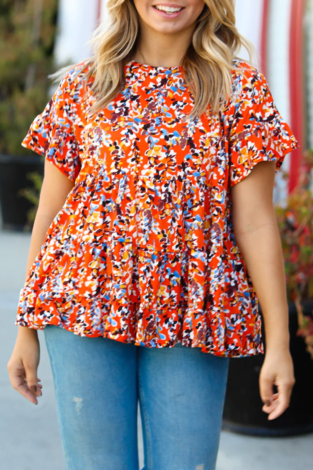 Orange Floral Printed Ruffle Sleeve Curvy Babydoll Blouse