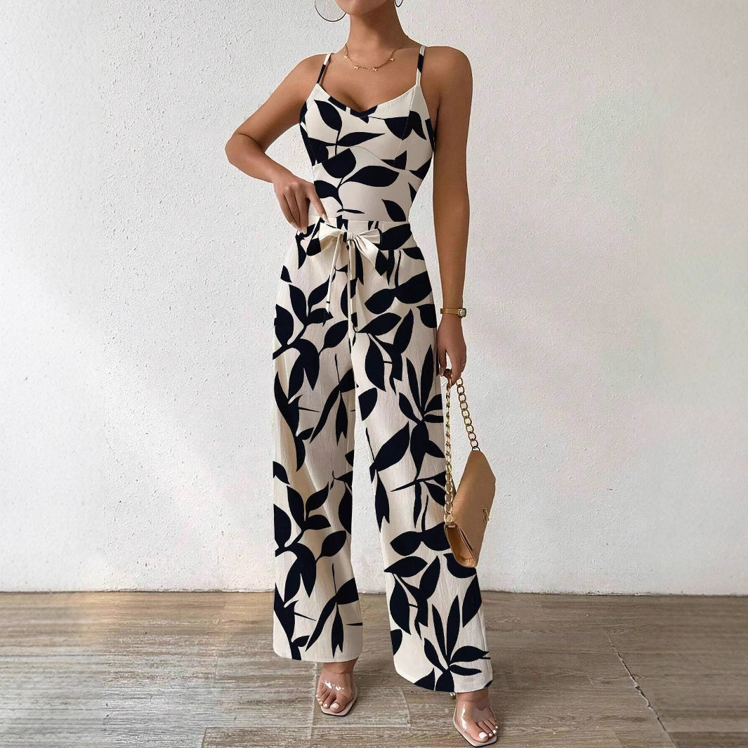 Fashion Floral Print Jumpsuit – Elegant Elastic Waist Belted One-Piece