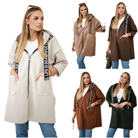 Women’s Plus-Size Hooded Woolen Coat – Long Sleeve Zip-Up Sports Style