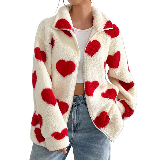 Women’s Plush “Loving Heart” Printed Coat – Cozy & Cute Outerwear