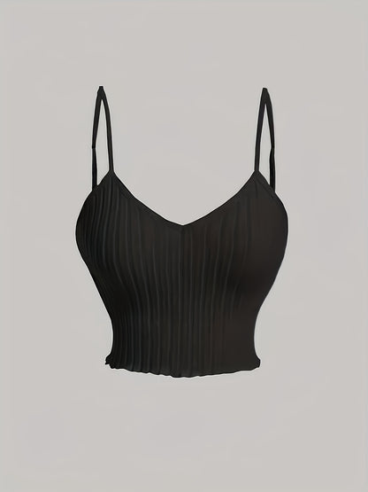 3pcs Elegant Solid Color Women's Cami Tops - Ribbed V-Neck, Sleeveless Spaghetti Strap Stretchy Top