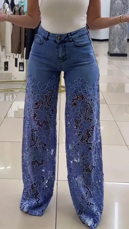 Women's Y2K High Waist Lace Hollow Out Wide Leg Jeans Floral Straight Leg Denim Trousers