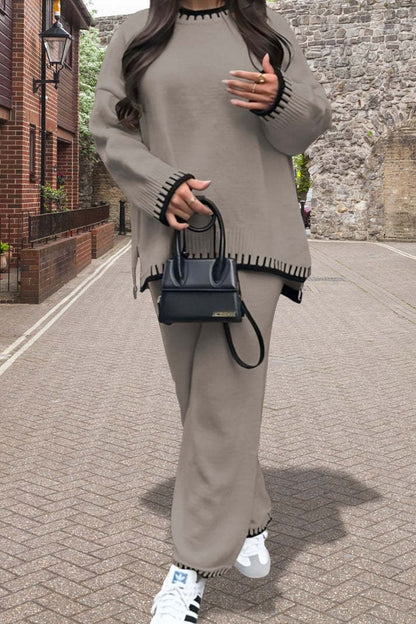 Women's 2-Piece Knitted Co-Ord Lounge Set – Stitched Detail Sweater & Pants Outfit