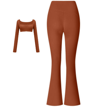 Women’s Solid Color Two-Piece Sports Set – Long Sleeve Top & Flared Pants