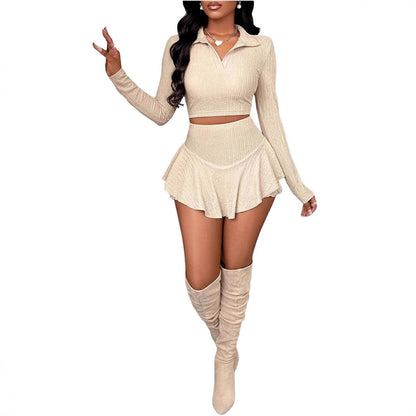 Women’s Fashion Two-Piece Set – Short Ruffled Top & Pearl-Embellished Skirt