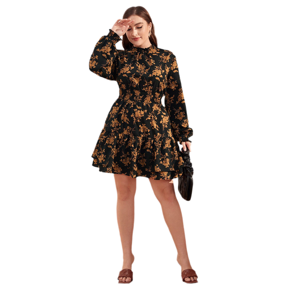 Women’s Floral Ruffle Dress – Turtleneck & Puff Sleeves | Elegant Vintage Style