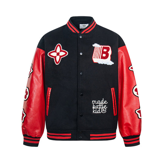 Men’s Street Style PU Leather Sleeve Patchwork Baseball Jacket
