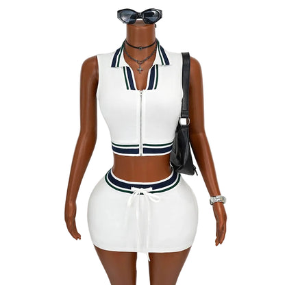 Sporty Collar Crop Top with Tie-Waist Mini Skirt Outfit