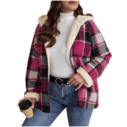 Women’s Plaid Hooded Coat – Fleece-Lined, Thick & Warm Composite Jacket