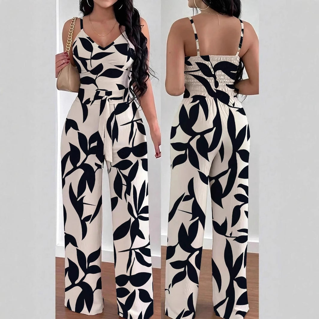 Fashion Floral Print Jumpsuit – Elegant Elastic Waist Belted One-Piece