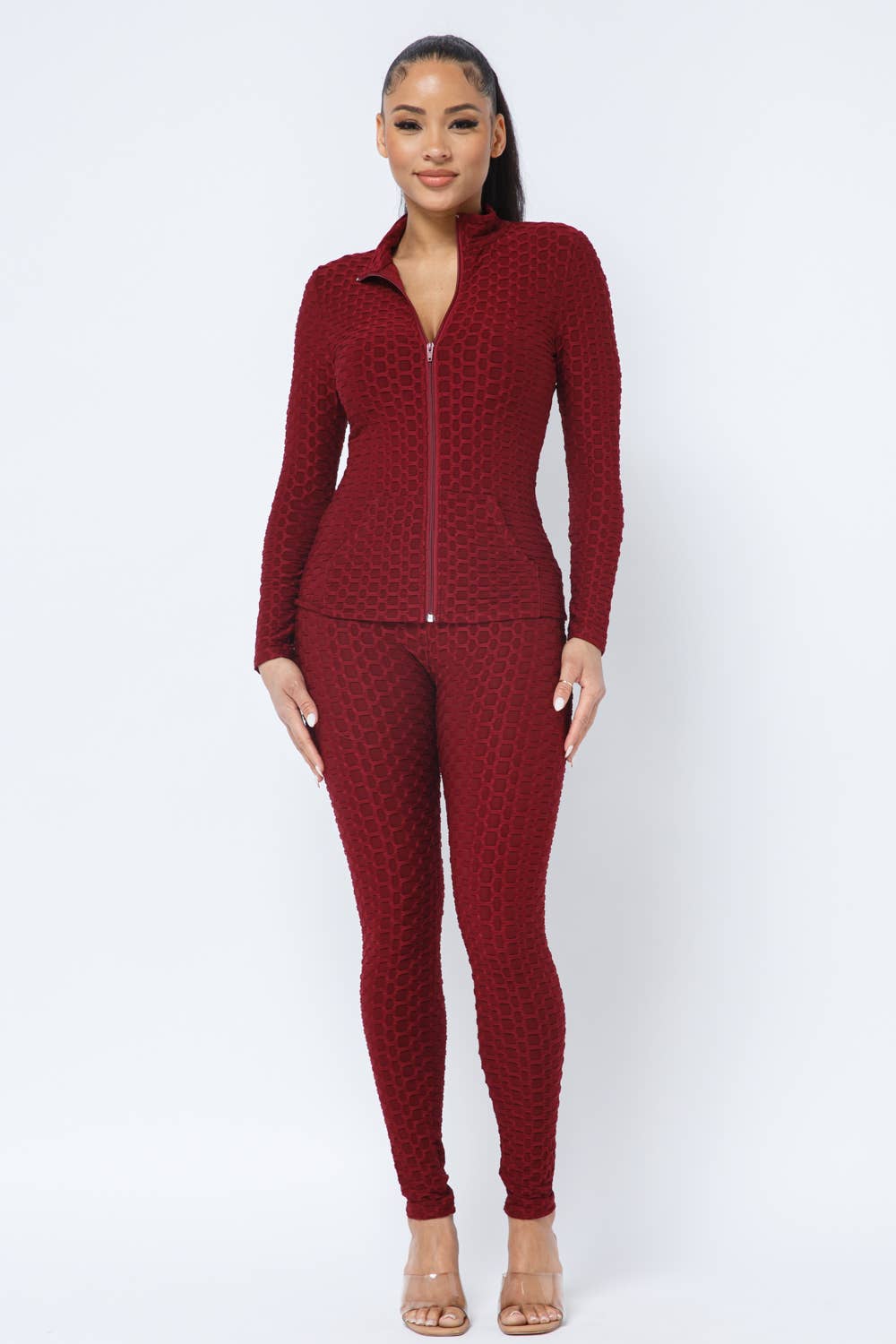 Honeycomb Zipper Side Pockets Jacket and Leggings Set