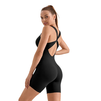 V-Neck Skinny Jumpsuit with Crossover Back & Chest Pad