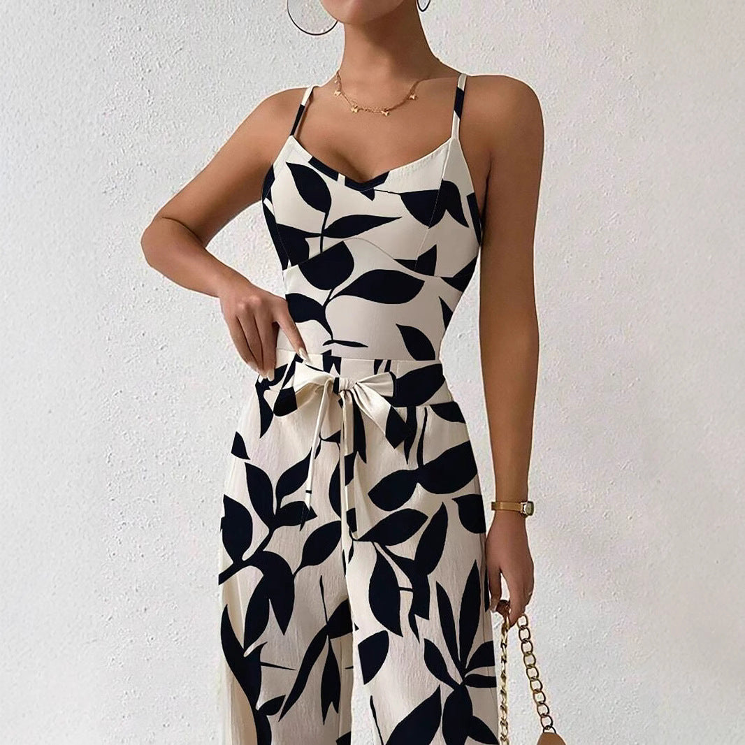 Fashion Floral Print Jumpsuit – Elegant Elastic Waist Belted One-Piece