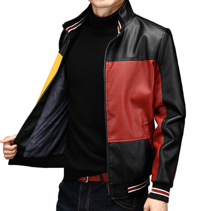Men’s Color Block Suede Leather Jacket – Warm Plus-Lined Fashion Outerwear