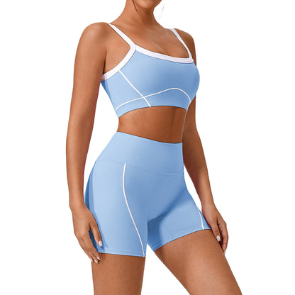 Women’s Contrast Color Yoga Set – Spaghetti Strap Sports Bra & High-Waist Fitness Outfit