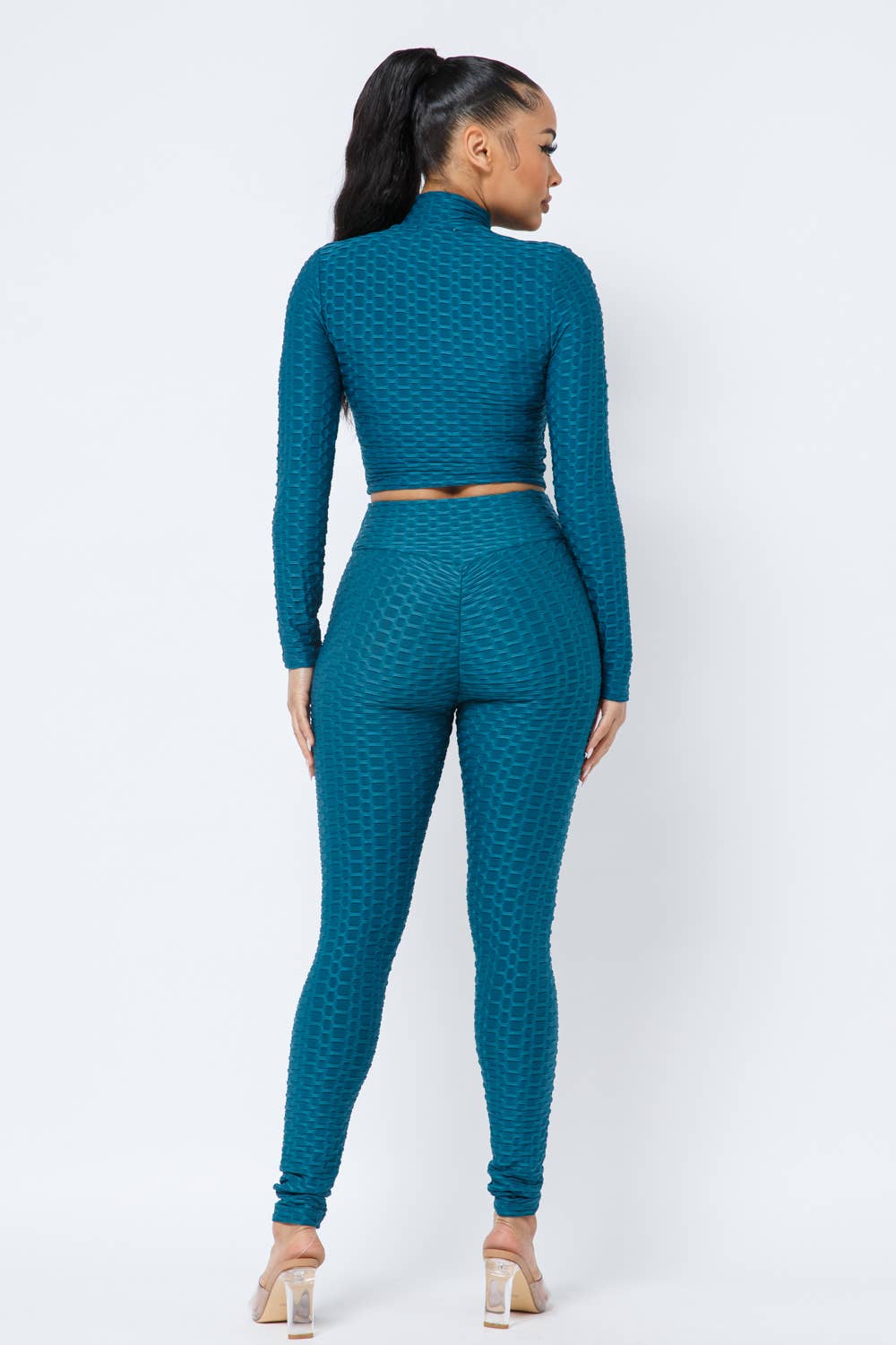 Honeycomb Mock Neck Cropped Jacket and Leggings Set